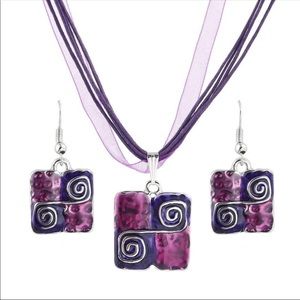 Leather Squares Necklace And Matching Earrings Set